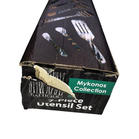 New BALTIQUE Mykonos Collection 7-Piece Utensil Set.  Tan / Blue Striped Spatula - Picture 8 of 8